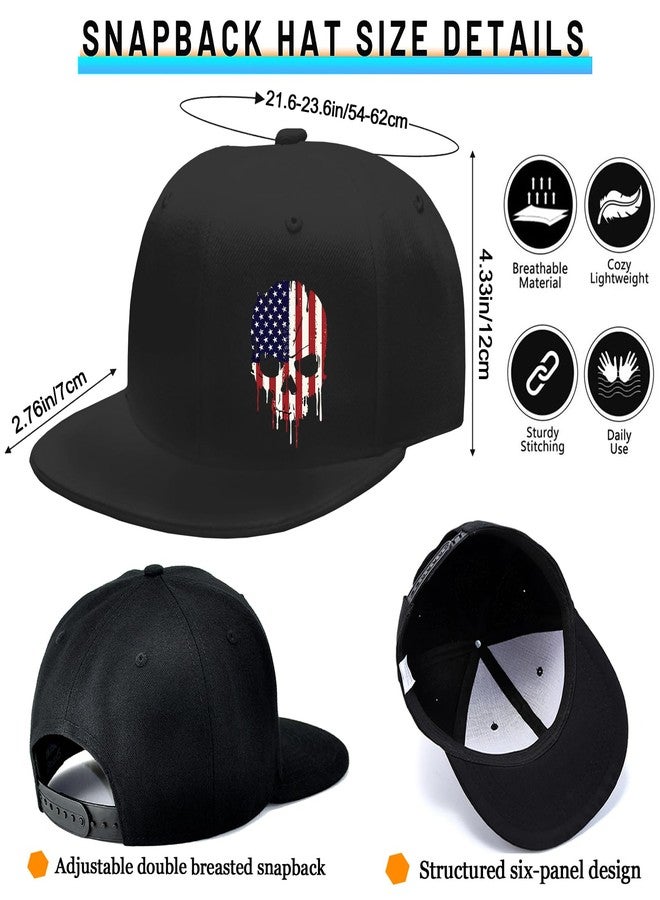 viofre Mens Hat Flat Bill Hats for Men Snapback Hats for Men American Flag Skull Hat Adjustable Black Baseball Caps Flat Brim Fitted Hip Hop Cool Trucker Cap for Mens Skateboard Accessories - Image 3